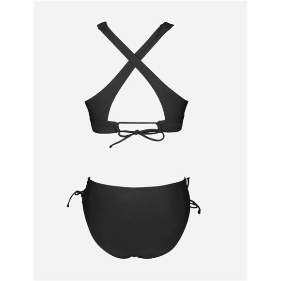 Women Bikini Black Two Piece Swimsuit V Neck Triangle Top Wide‎ Strap Cross Back - Picture 6 of 6